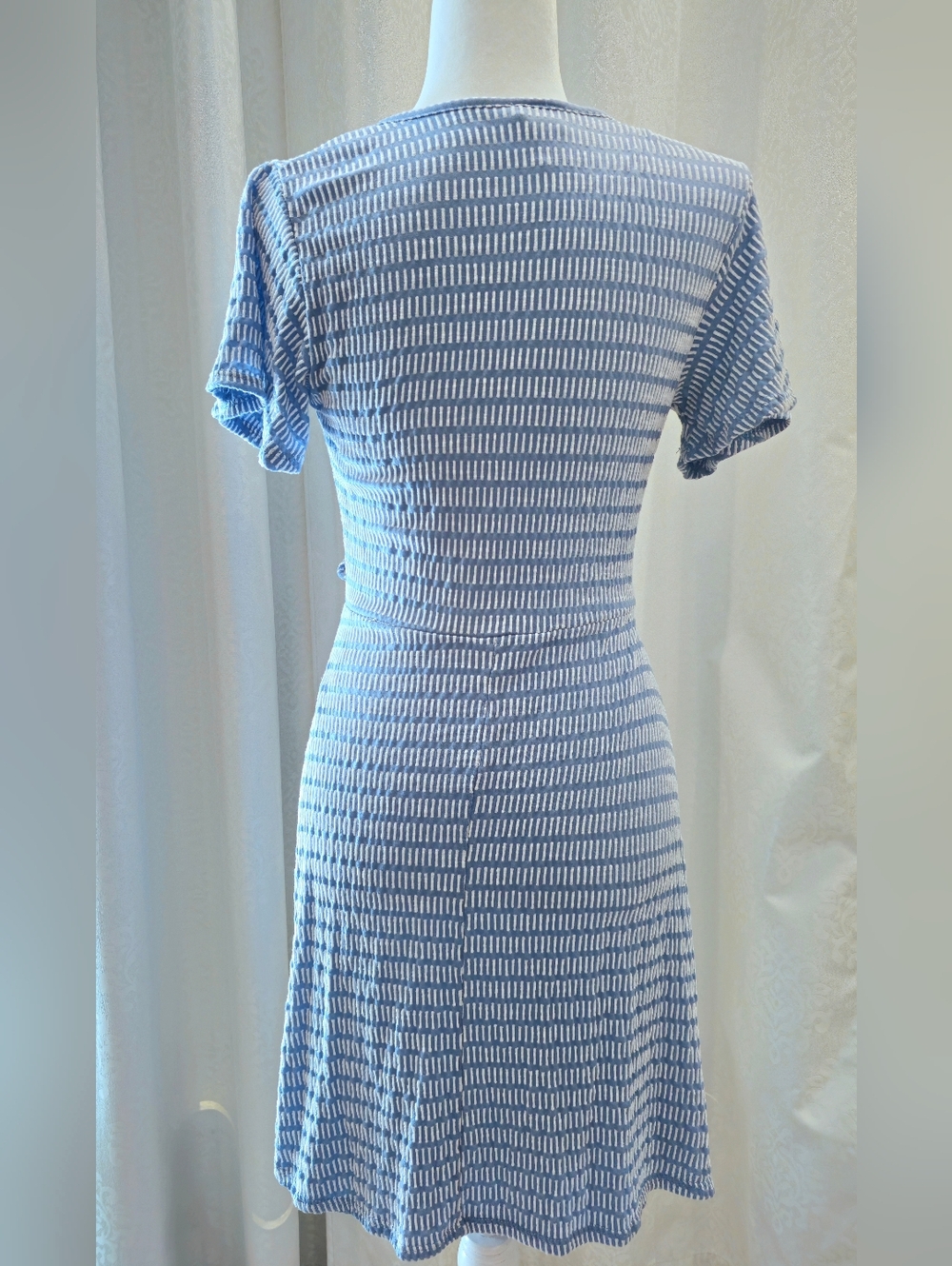 Caution To The Wind Slate Blue Striped Mock Wrap Dress Size M Casual Coastal - Picture 2 of 6